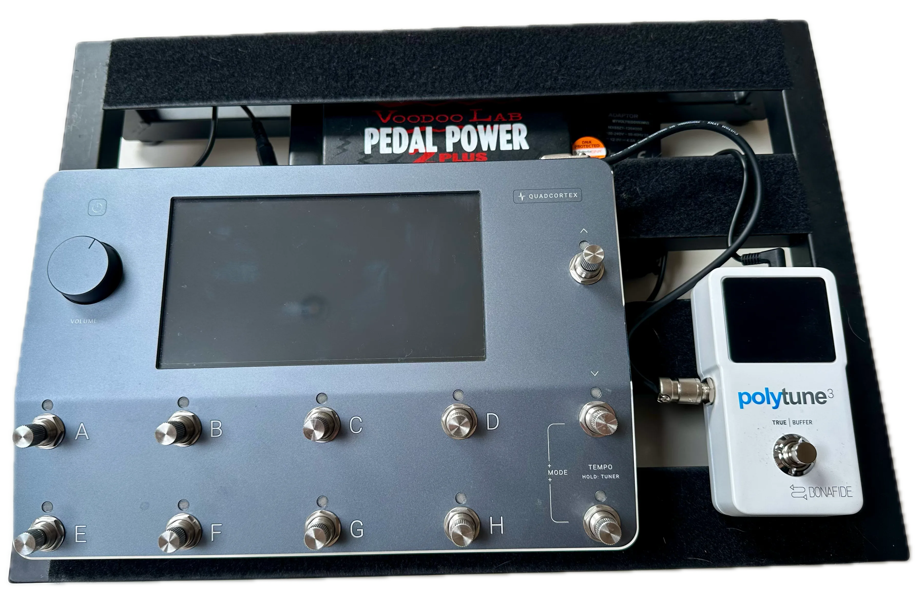 Neural DSP Quad Cortex and TC Electronic Polytune 3 on Pedaltrain Classic Jr pedalboard